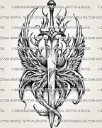 Seraphim sword tattoo stencil with eyes on wings, layered angel wings, flame-like detail, and printable design file.