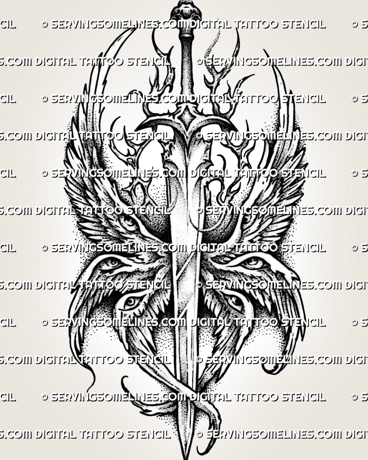 Seraphim sword tattoo stencil with eyes on wings, layered angel wings, flame-like detail, and printable design file.