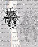 Seraphim sword tattoo stencil shown on forearm placement, with dark feathered wings, central eye, and readable vertical layout.