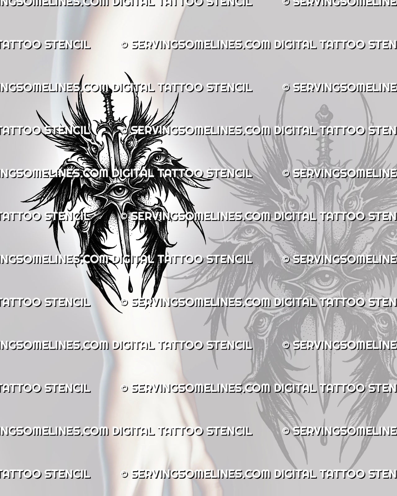 Seraphim sword tattoo stencil shown on forearm placement, with dark feathered wings, central eye, and readable vertical layout.
