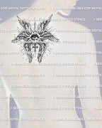 Seraphim tattoo stencil shown on mens upper back behind the neck, with central eye, layered wings, and small cross detail.