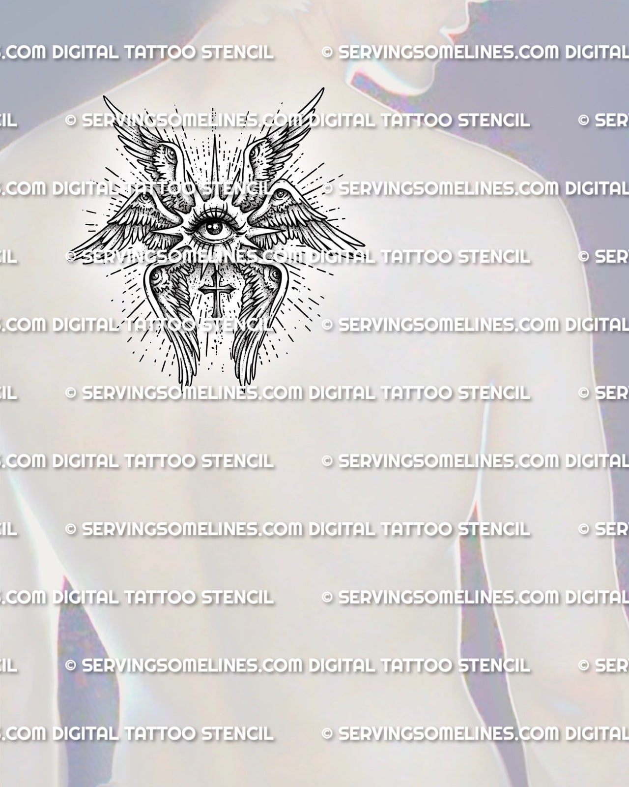 Seraphim tattoo stencil shown on mens upper back behind the neck, with central eye, layered wings, and small cross detail.