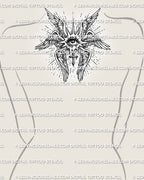 Seraphim tattoo stencil shown on womens upper back placement, with winged eye structure, radiant lines, and small cross detail.