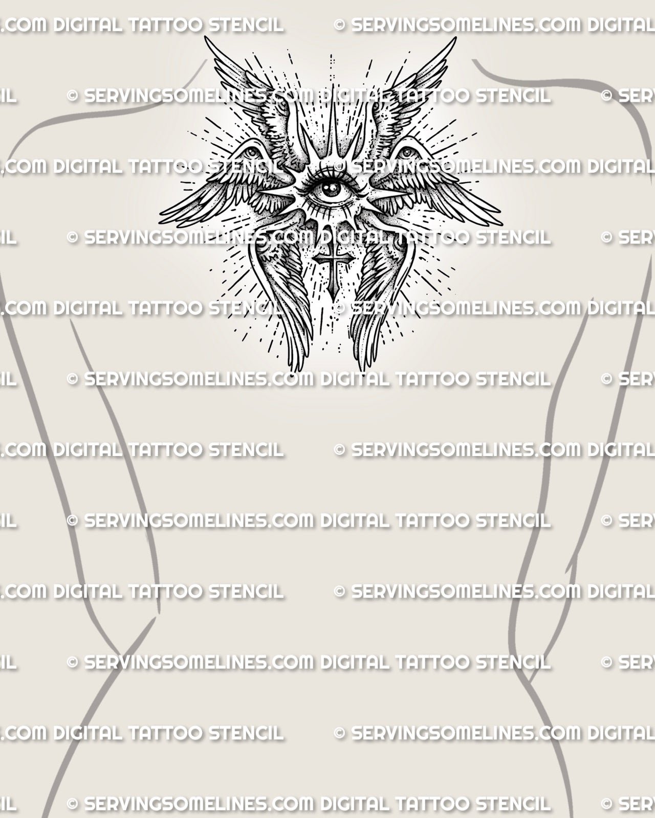 Seraphim tattoo stencil shown on womens upper back placement, with winged eye structure, radiant lines, and small cross detail.