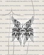 Seraphim thigh tattoo shown on back of thigh placement, with central angel eye, lower feather drop, and clear stencil layout. 