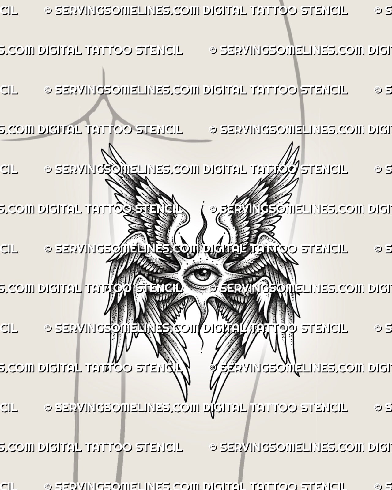 Seraphim thigh tattoo shown on back of thigh placement, with central angel eye, lower feather drop, and clear stencil layout. 