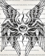 Seraphim thigh tattoo stencil with winged angel eye, layered feather wings, dark dot shading, and printable design file. 