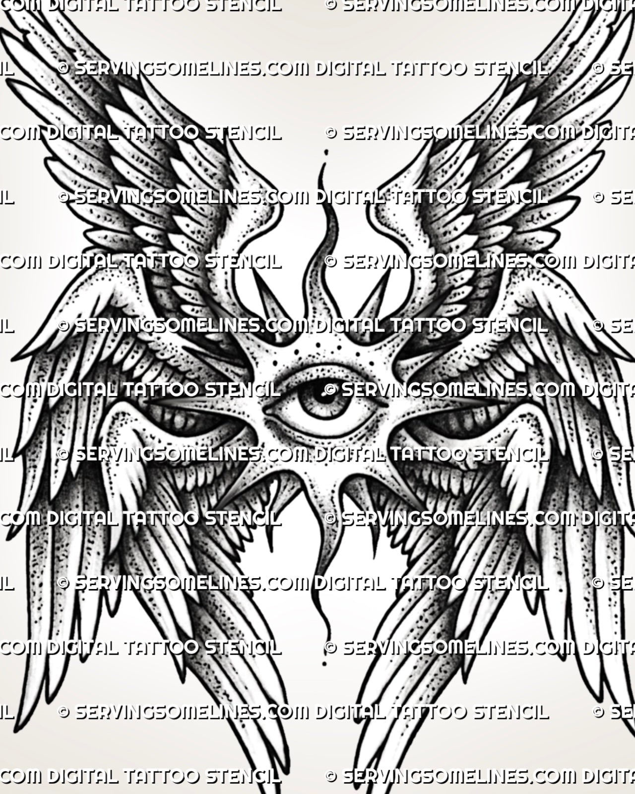 Seraphim thigh tattoo stencil with winged angel eye, layered feather wings, dark dot shading, and printable design file. 