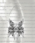 Seraphim thigh tattoo shown on womens front thigh placement, with winged angel eye, layered feathers, and dark dot shading. 