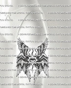 Seraphim thigh tattoo shown on womens front thigh placement, with winged angel eye, layered feathers, and dark dot shading. 