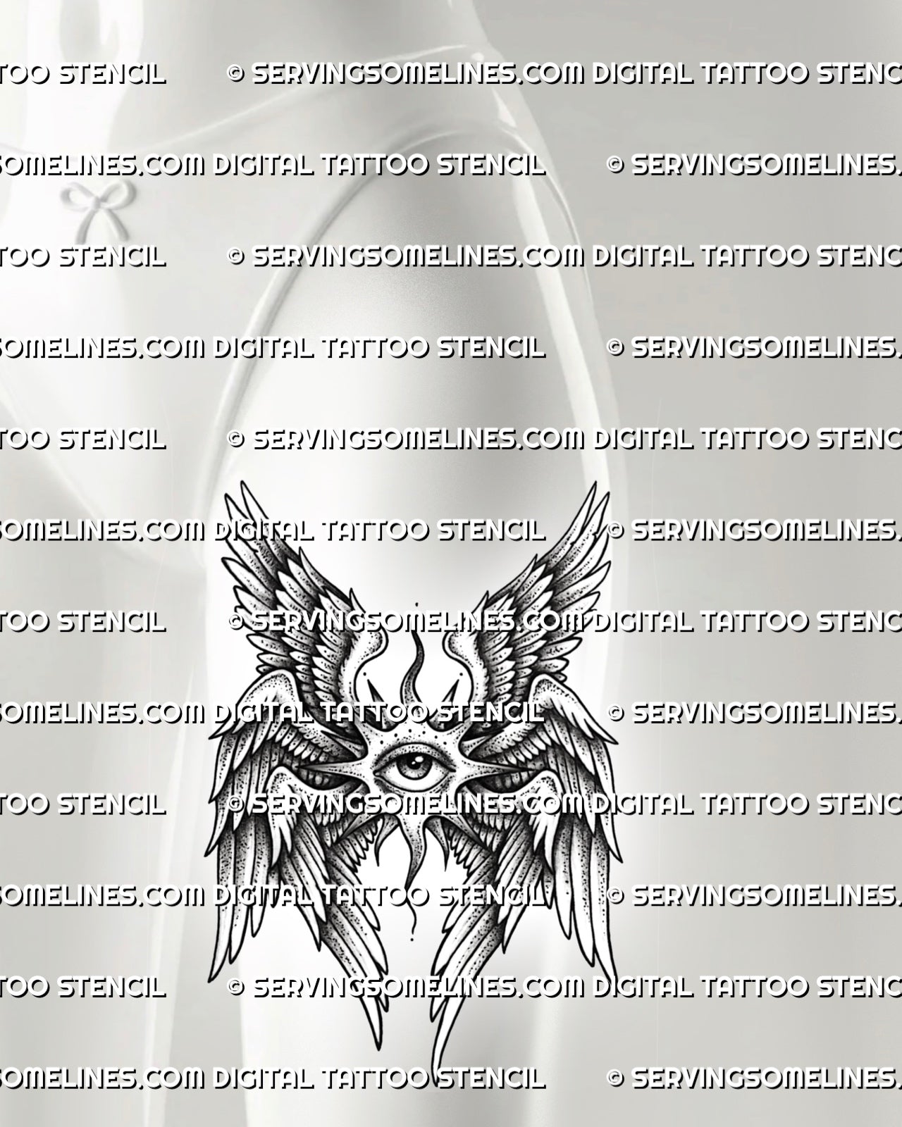 Seraphim thigh tattoo shown on womens front thigh placement, with winged angel eye, layered feathers, and dark dot shading. 