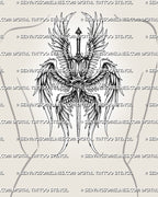 Seraphim upper back tattoo shown on womens upper back placement, with wide wing spread, central eye, and sword centerline. 
