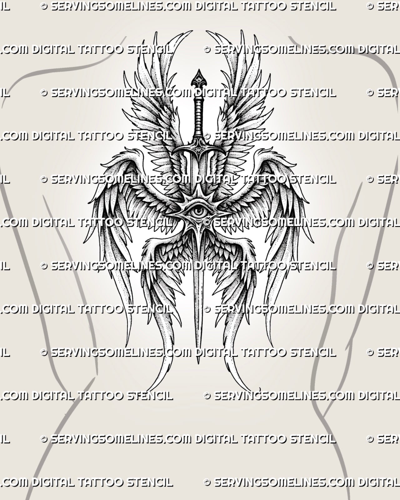 Seraphim upper back tattoo shown on womens upper back placement, with wide wing spread, central eye, and sword centerline. 