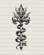 Serpent key tattoo stencil design, snake wrapped around a vertical key, occult key symbol with dark ornamental crest.
