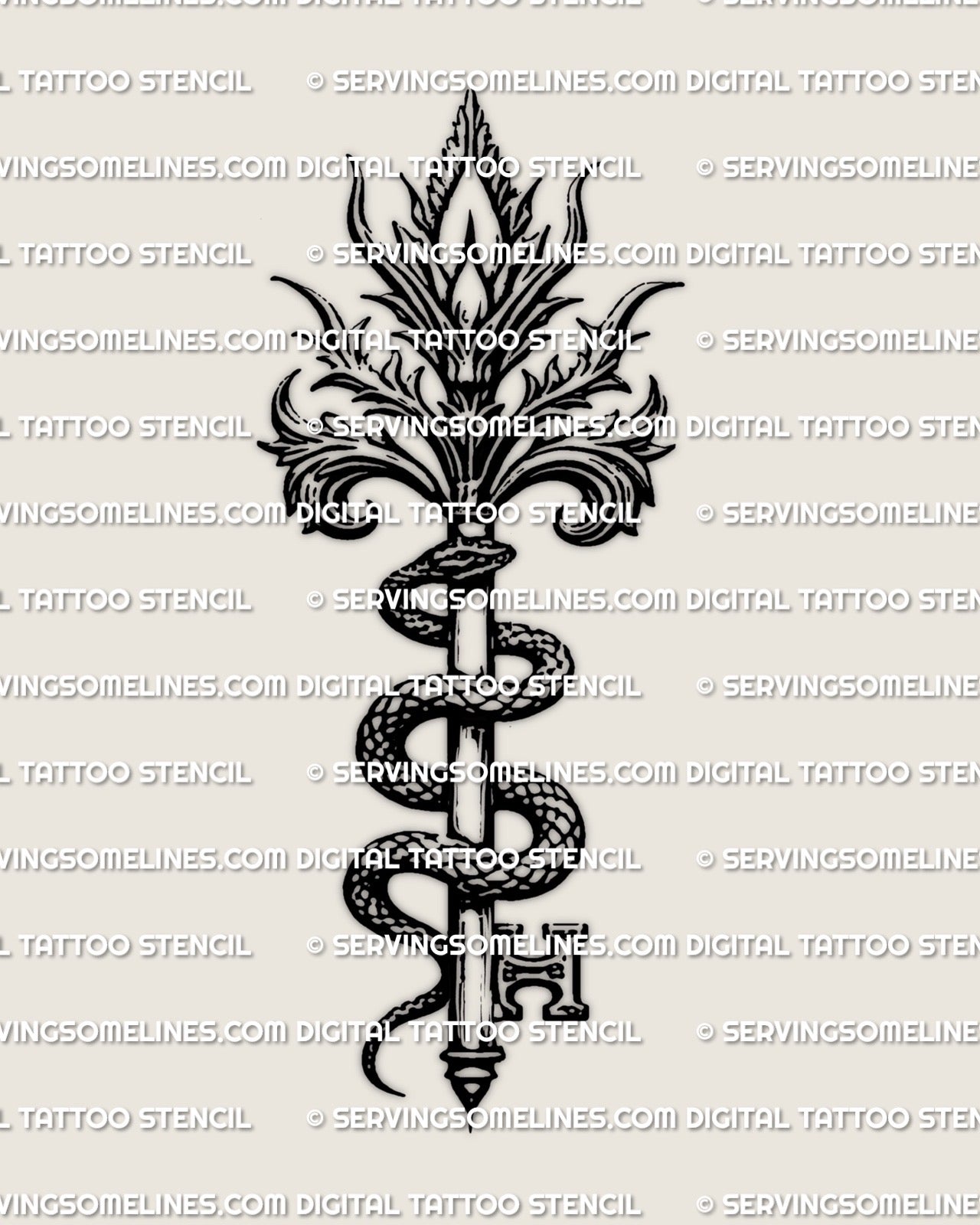 Serpent key tattoo stencil design, snake wrapped around a vertical key, occult key symbol with dark ornamental crest.