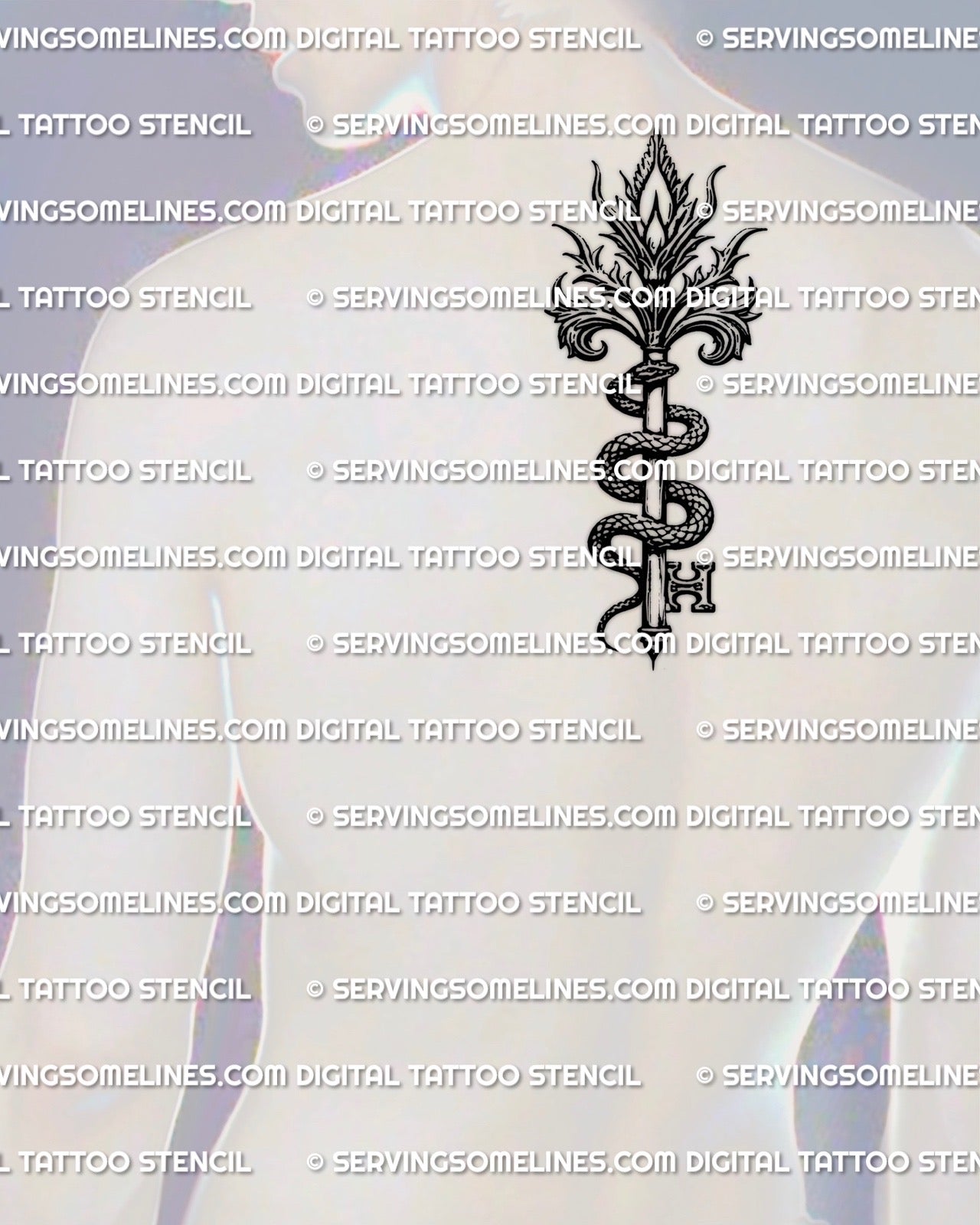 Serpent key tattoo stencil displayed on upper back center placement example, snake coil framing the key spine, occult vibe.