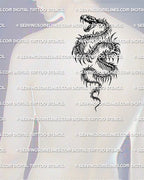 Serpent skeleton tattoo shown on men’s upper back center placement with snake skull head and narrow winding body.