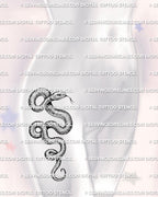 Serpent tattoo design shown on women’s hip placement with curved body movement, scale texture, and detailed linework.