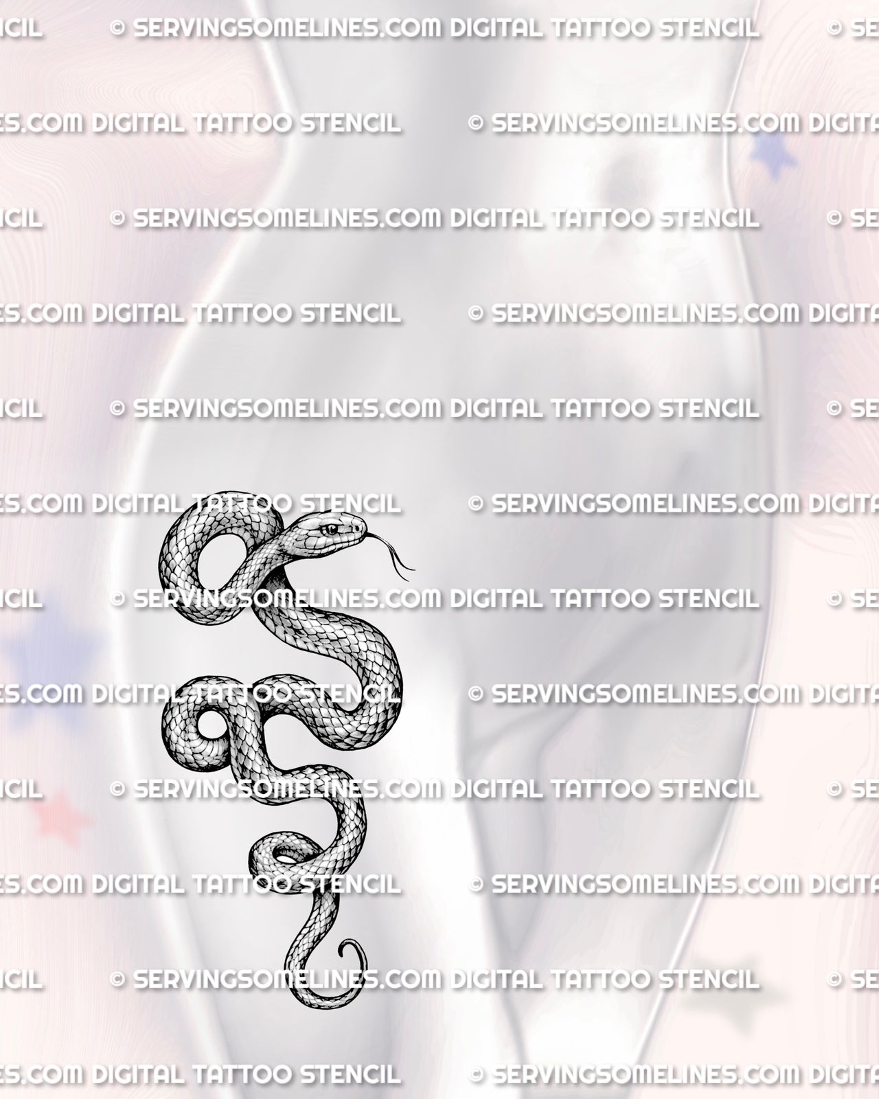 Serpent tattoo design shown on women’s hip placement with curved body movement, scale texture, and detailed linework.