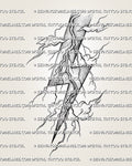 Shaded lightning bolt tattoo stencil design with bold thunderbolt shape, electric line detail, and printable files.