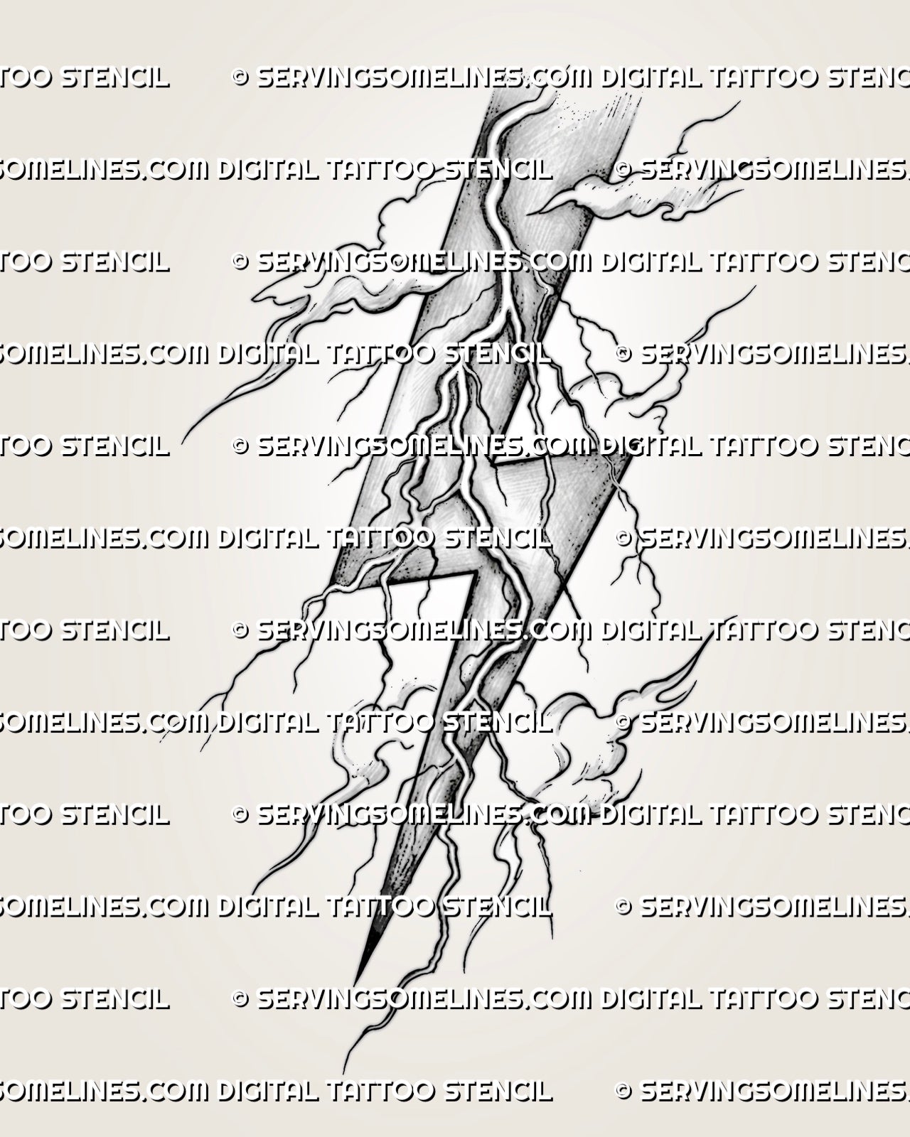 Shaded lightning bolt tattoo stencil design with bold thunderbolt shape, electric line detail, and printable files.