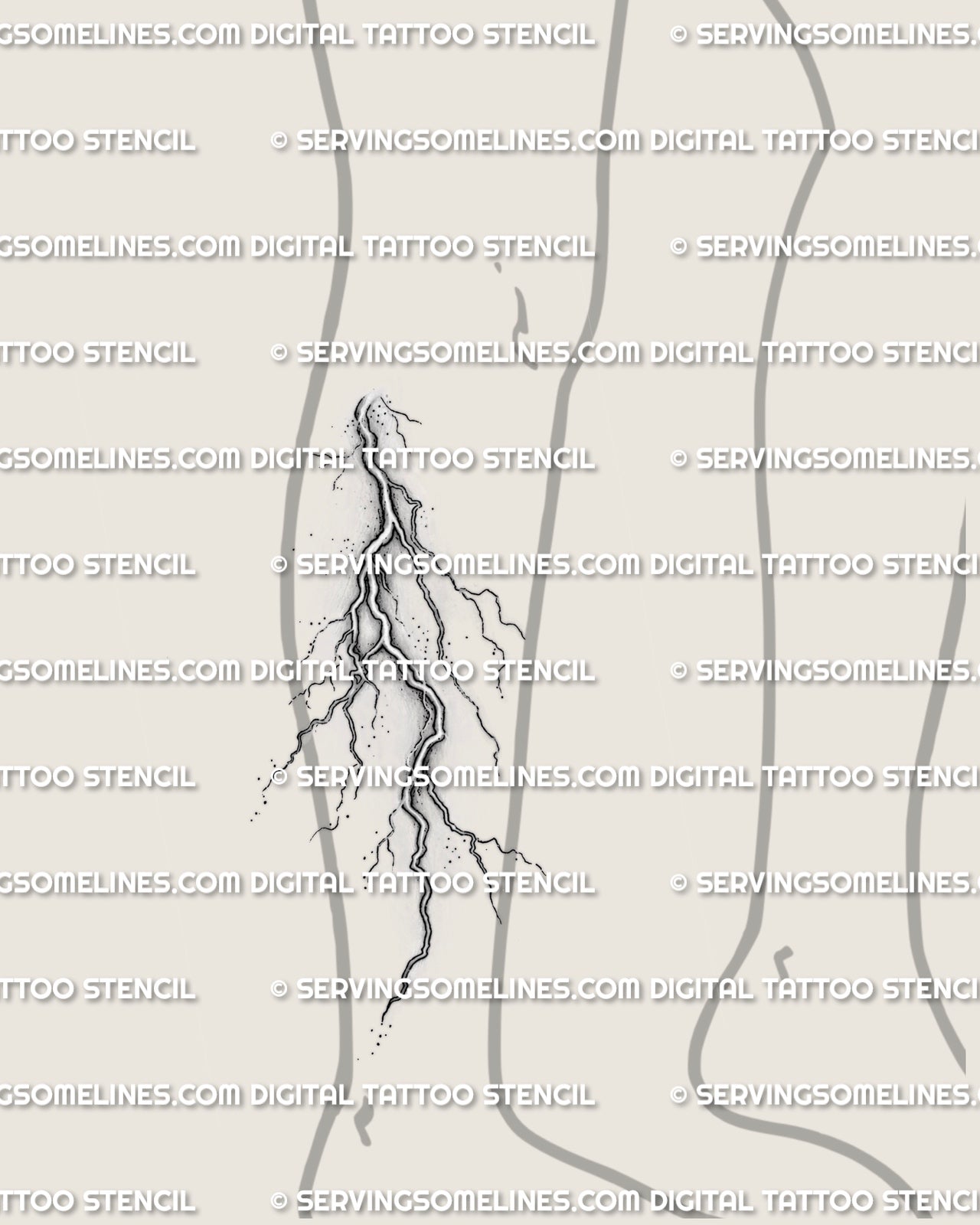 Shaded lightning tattoo stencil shown on lower leg placement, with natural strike lines and printable vertical shape.
