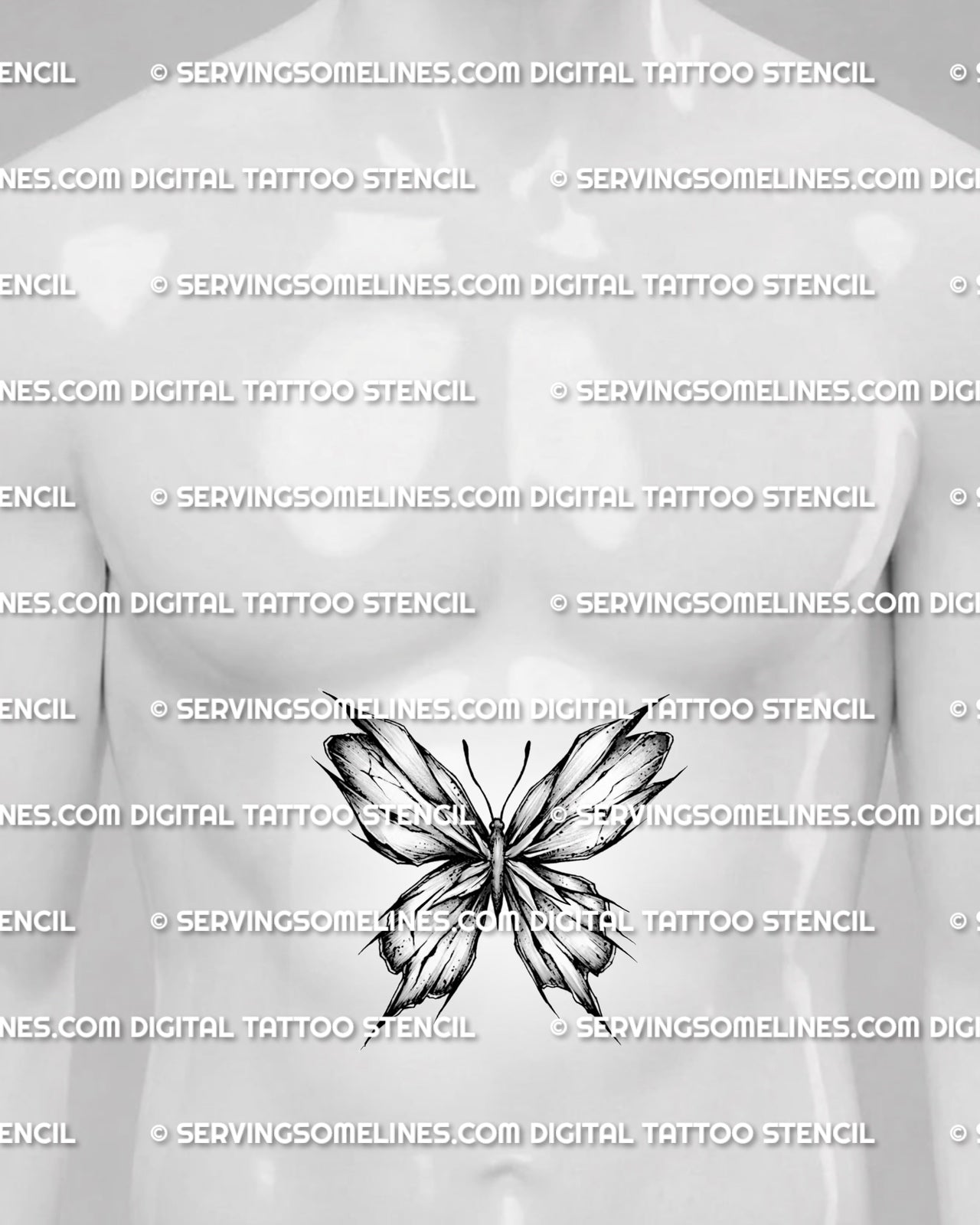 Shattered butterfly tattoo shown on men’s stomach center placement with cracked wings and strong centered shape