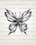 Shattered glass butterfly tattoo stencil with broken wing detail, cracked texture, and blackwork-style shading