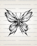 Shattered glass butterfly tattoo stencil with broken wing detail, cracked texture, and blackwork-style shading