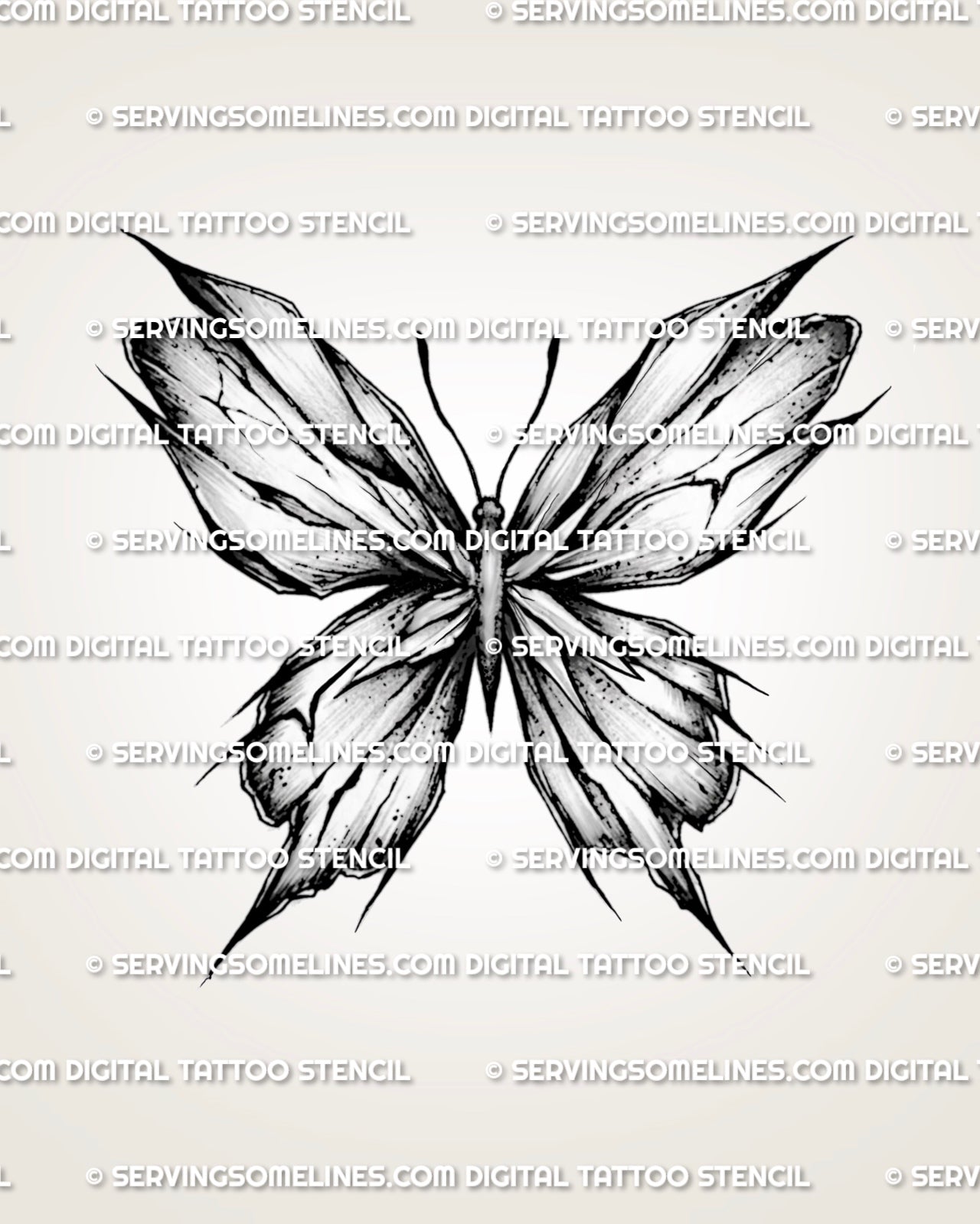 Shattered glass butterfly tattoo stencil with broken wing detail, cracked texture, and blackwork-style shading