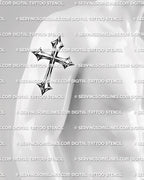 Shiny cross tattoo stencil shown on mens arm placement, with pointed ends, chrome shading, and clean printable detail. 