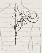 mens shoulder wrap tattoo mockup with biomech tribal lines extending into spine, modern masculine tattoo design for upper back