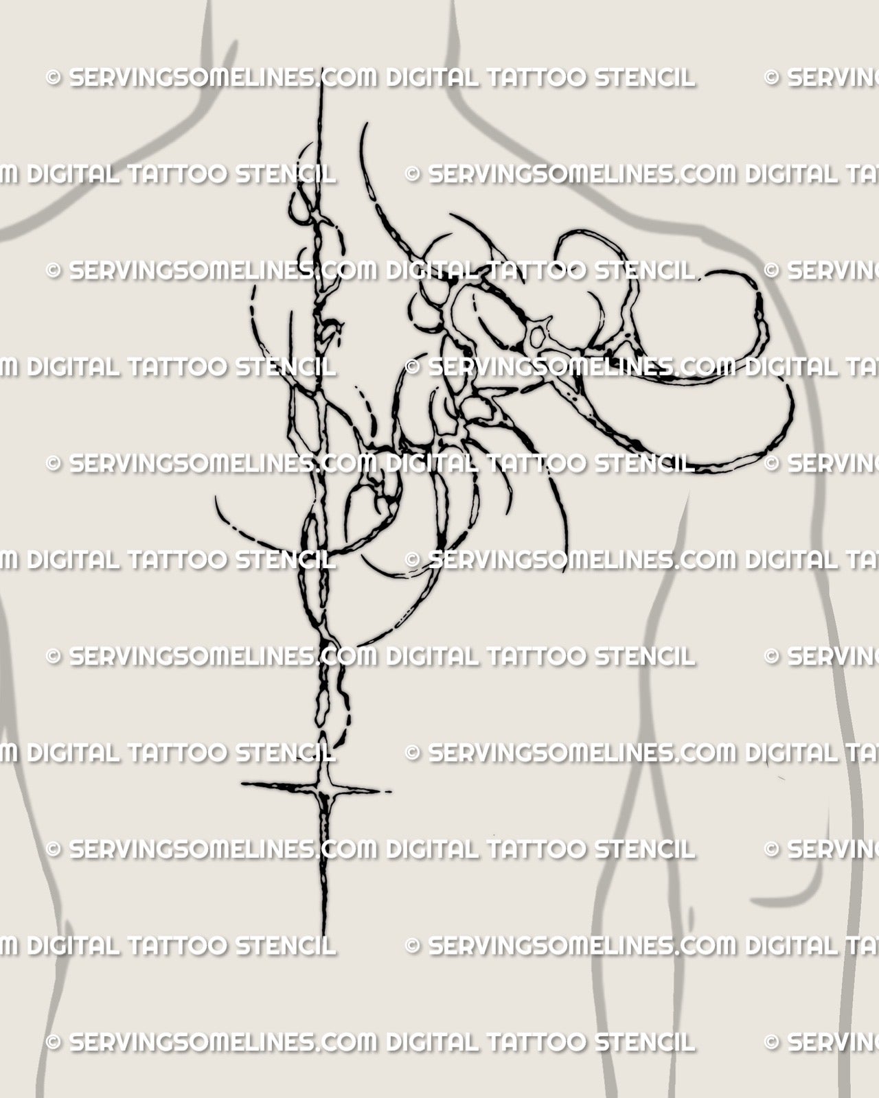 mens shoulder wrap tattoo mockup with biomech tribal lines extending into spine, modern masculine tattoo design for upper back