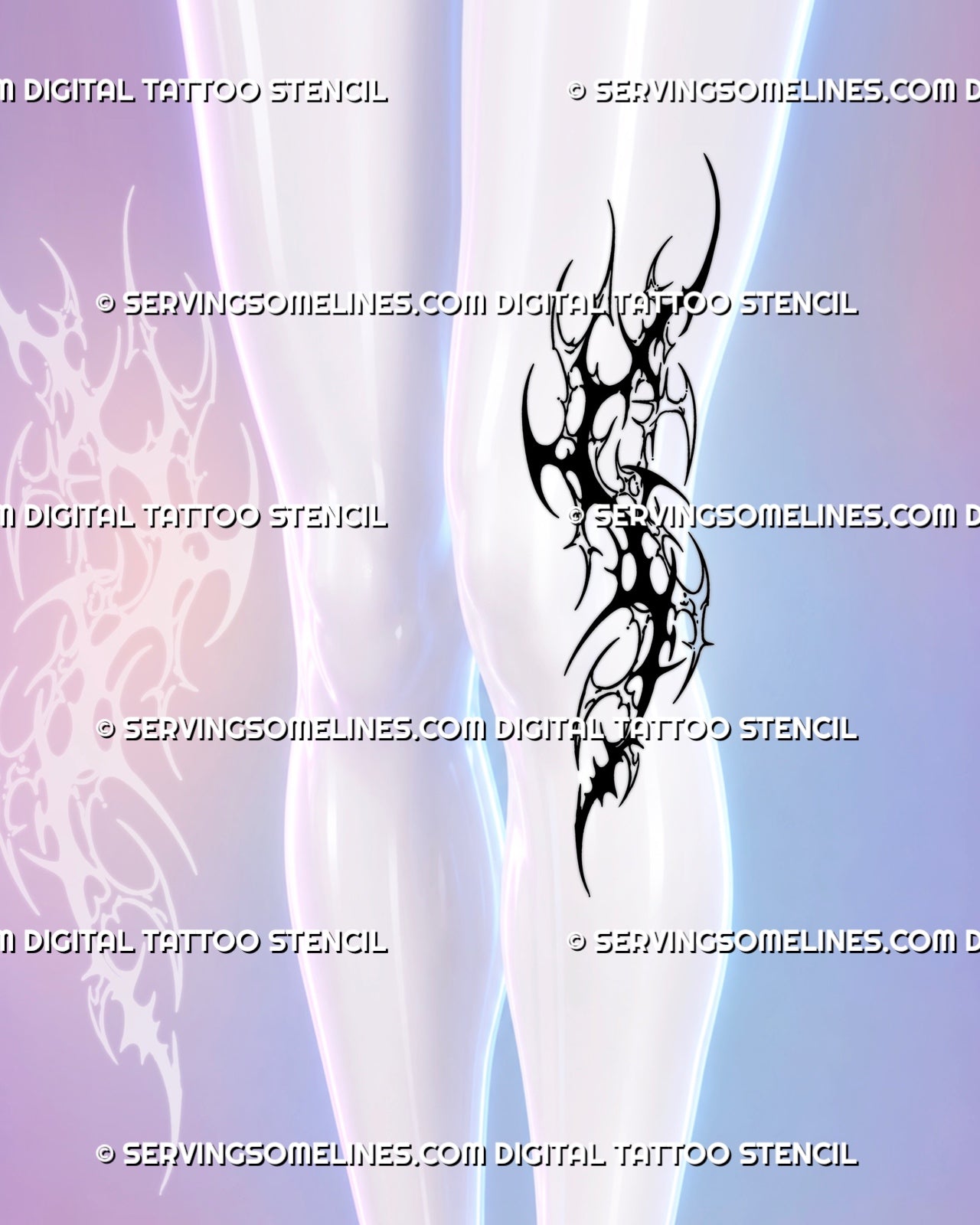 Side knee blackwork tattoo shown beside the joint with solid black neotribal forms, outlined cybersigilism shapes, and open kneecap placement