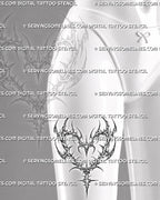 Sigil heart tattoo stencil shown on female front thigh placement with glyph-like strokes and clean negative space.
