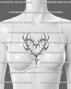 Sigil heart tattoo stencil shown on women’s chest center placement with open negative space and sharp glyph strokes.