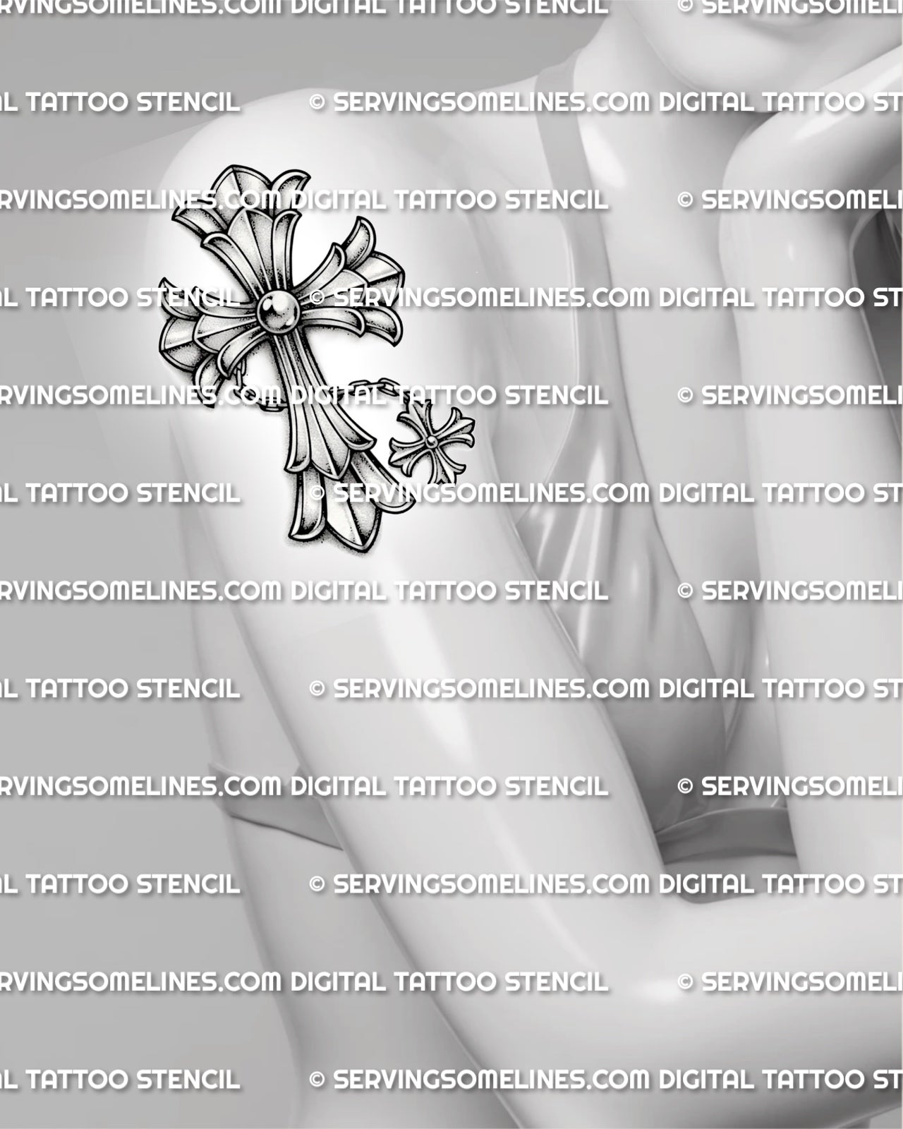 Silver-style cross tattoo shown on womens upper arm placement, with chain detail, pointed ends, and ornamental gothic shape.