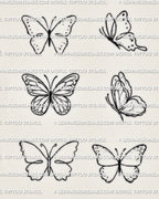 Simple butterfly tattoo outline with clean fine line wings, small dotted details, and a light stencil-ready shape.