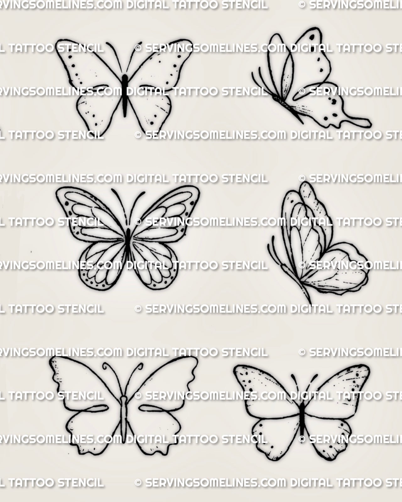 Simple butterfly tattoo outline with clean fine line wings, small dotted details, and a light stencil-ready shape.