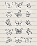 Simple butterfly tattoo stencil set with multiple small outline butterfly designs, fine line wing details, and clean printable layout.