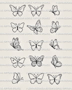 Simple butterfly tattoo stencil set with multiple small outline butterfly designs, fine line wing details, and clean printable layout.