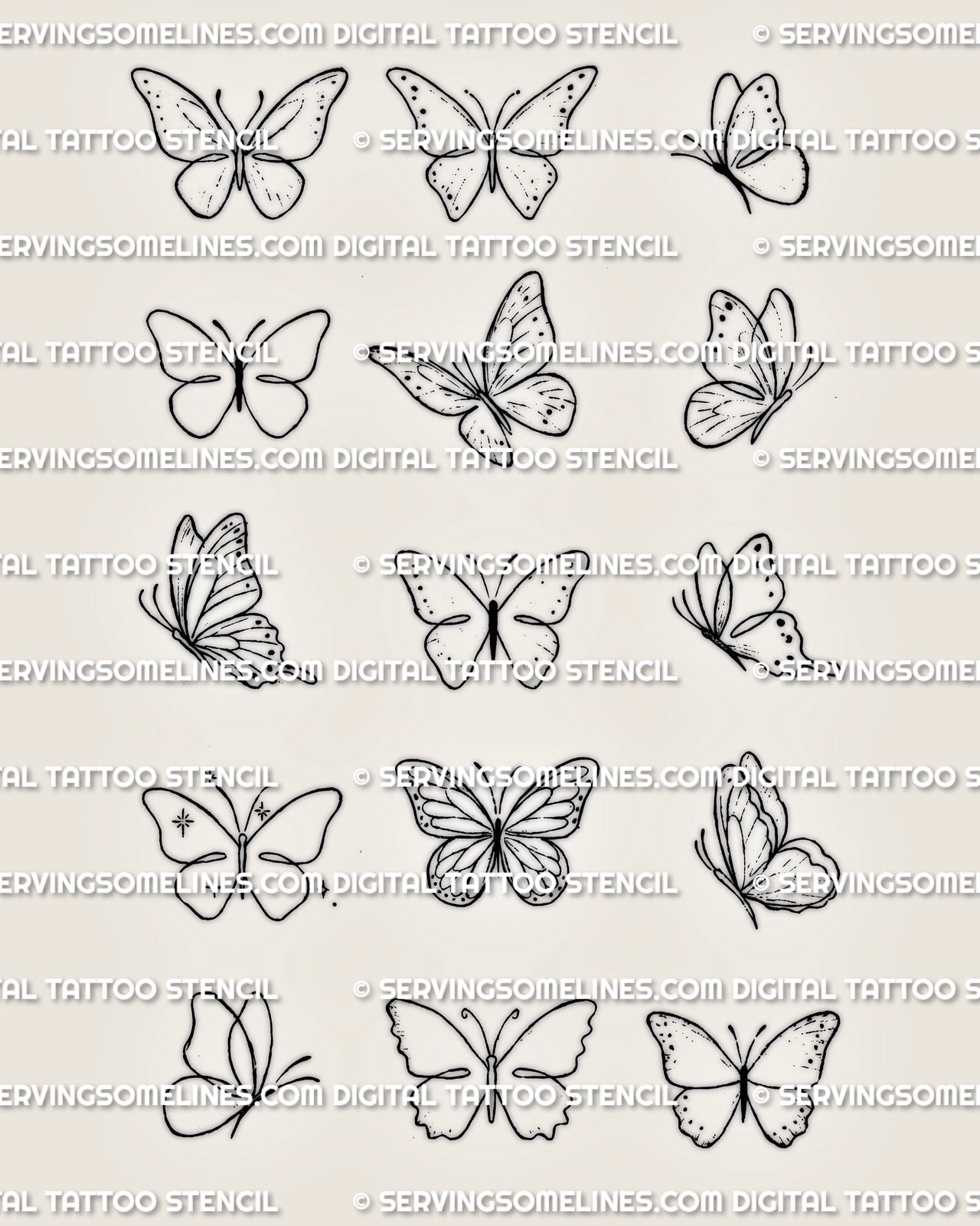 Simple butterfly tattoo stencil set with multiple small outline butterfly designs, fine line wing details, and clean printable layout.