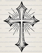 Simple cross tattoo design with pointed ends, dot shading, clean black outline, and printable stencil file.