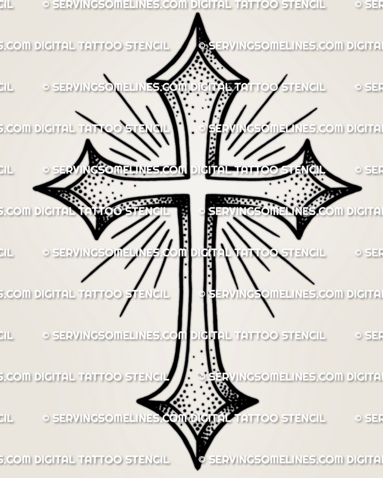 Simple cross tattoo design with pointed ends, dot shading, clean black outline, and printable stencil file.