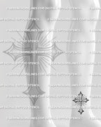 Simple cross tattoo stencil shown on ankle placement, with pointed ends, clean outline, and readable small design.