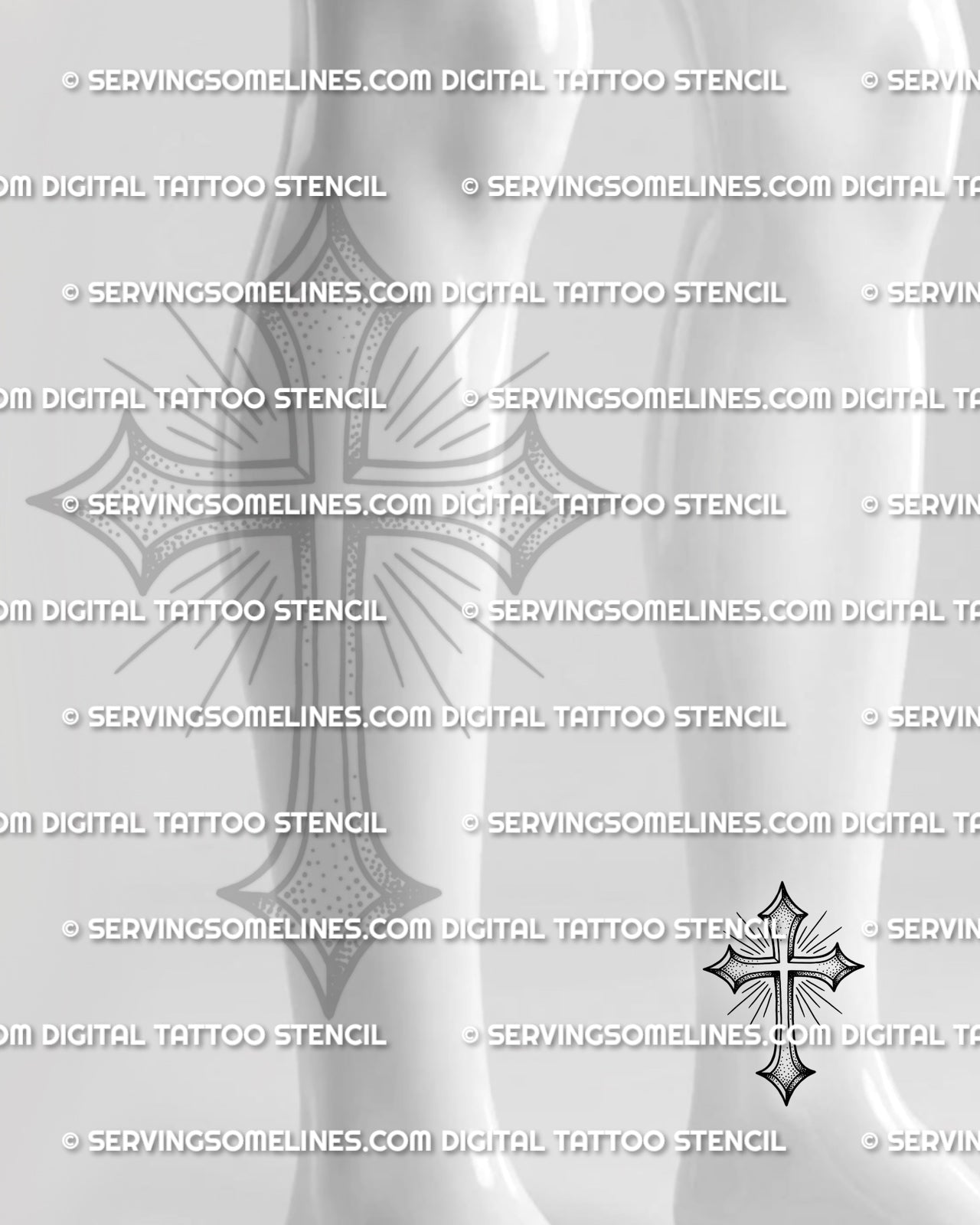 Simple cross tattoo stencil shown on ankle placement, with pointed ends, clean outline, and readable small design.