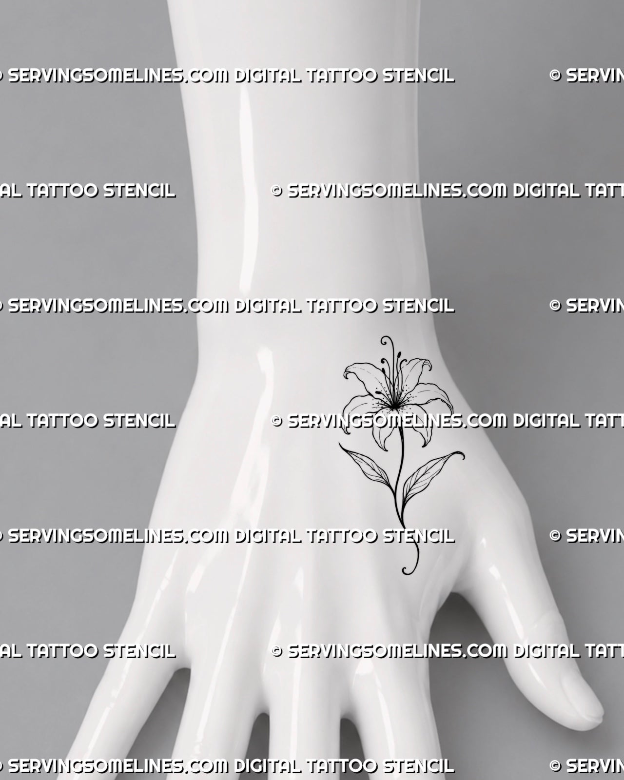 Simple lily flower tattoo shown on the hand with an open bloom, curled stamens, a narrow stem, and two small pointed leaves