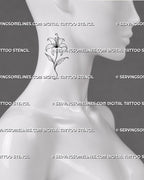 Simple lily flower tattoo shown on the side of the neck with open petals, curling stamens, a narrow stem, and restrained floral details