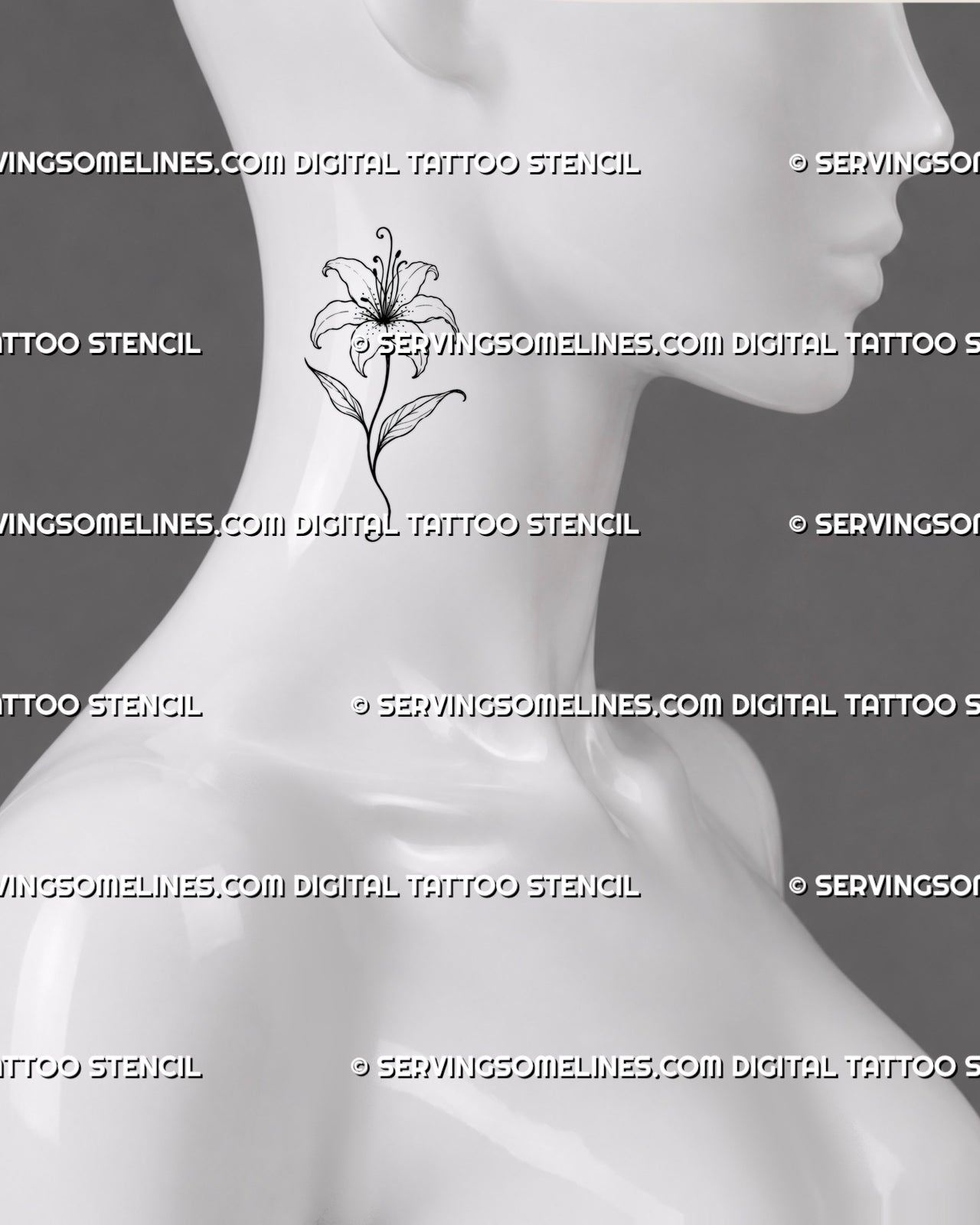 Simple lily flower tattoo shown on the side of the neck with open petals, curling stamens, a narrow stem, and restrained floral details