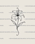 Simple lily tattoo stencil with one open flower, six curved petals, tall curling stamens, a slender stem, two pointed leaves, and light dot details